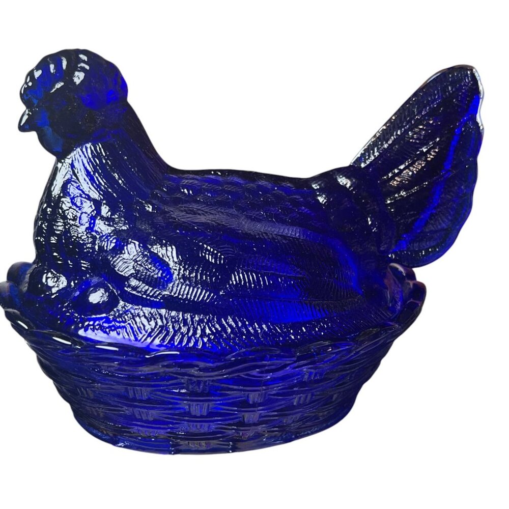 VTG Mint 5¾" Hen On Nest Split Tail Cobalt Blue Glass Covered On Trinket Basket